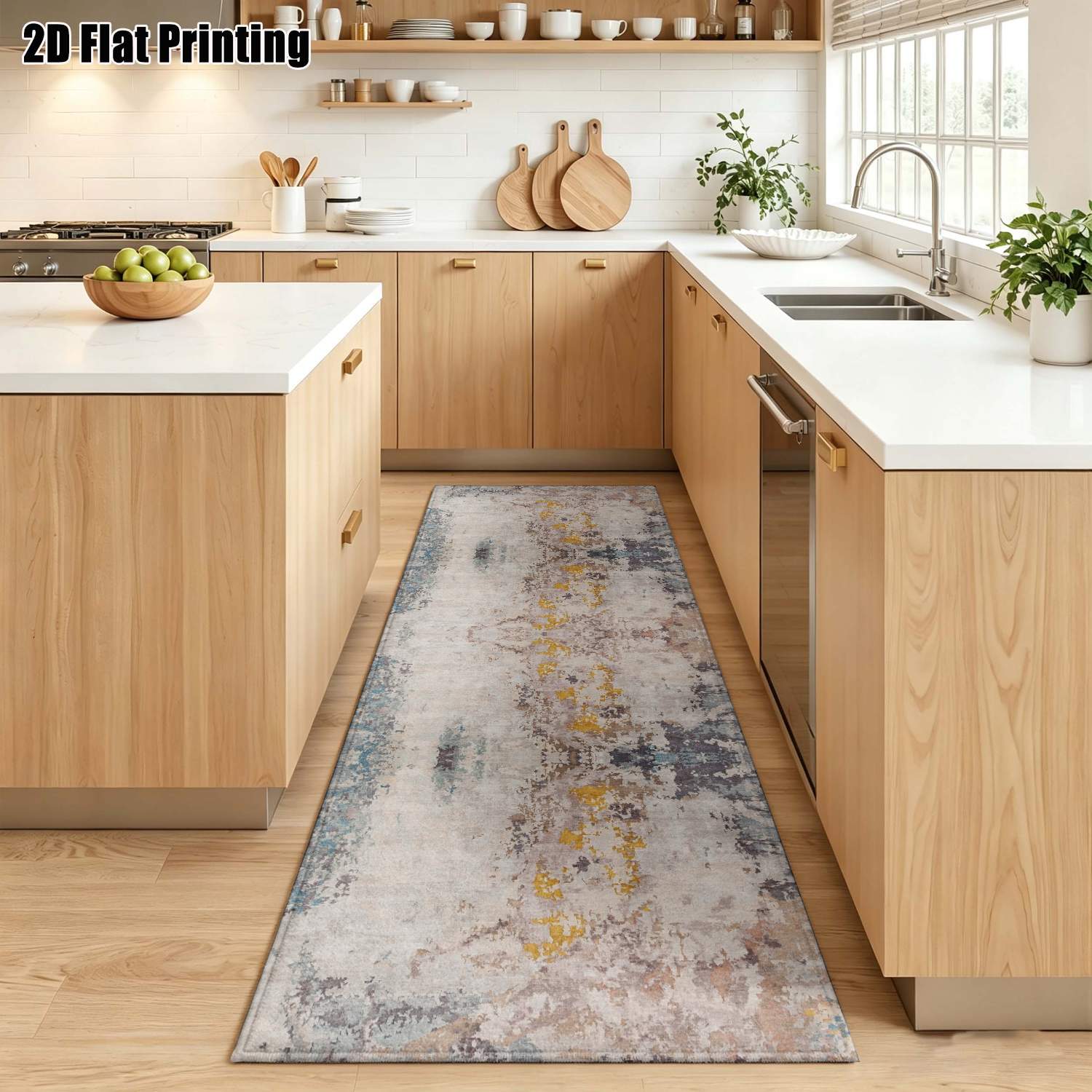 Printed Rug Abstract - 1Pc 2D Printed Strip Rug: Blue-Grey-Yellow