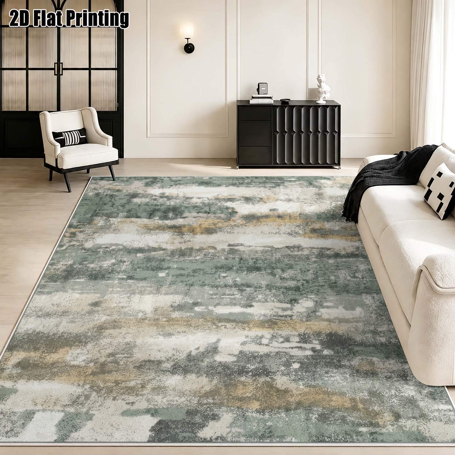 Printed Rug Abstract - 1Pc 2D Printed Velvet Carpet, Gray-Green-Yellow