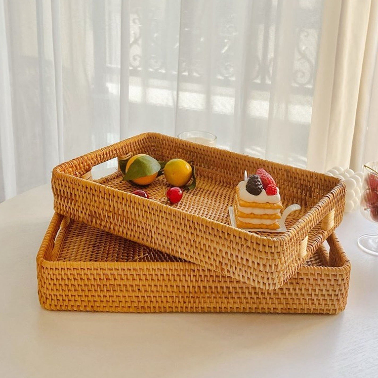 E5 Serving Basket Tray with Ha - đánh giá và giá Rattan Tray Handle