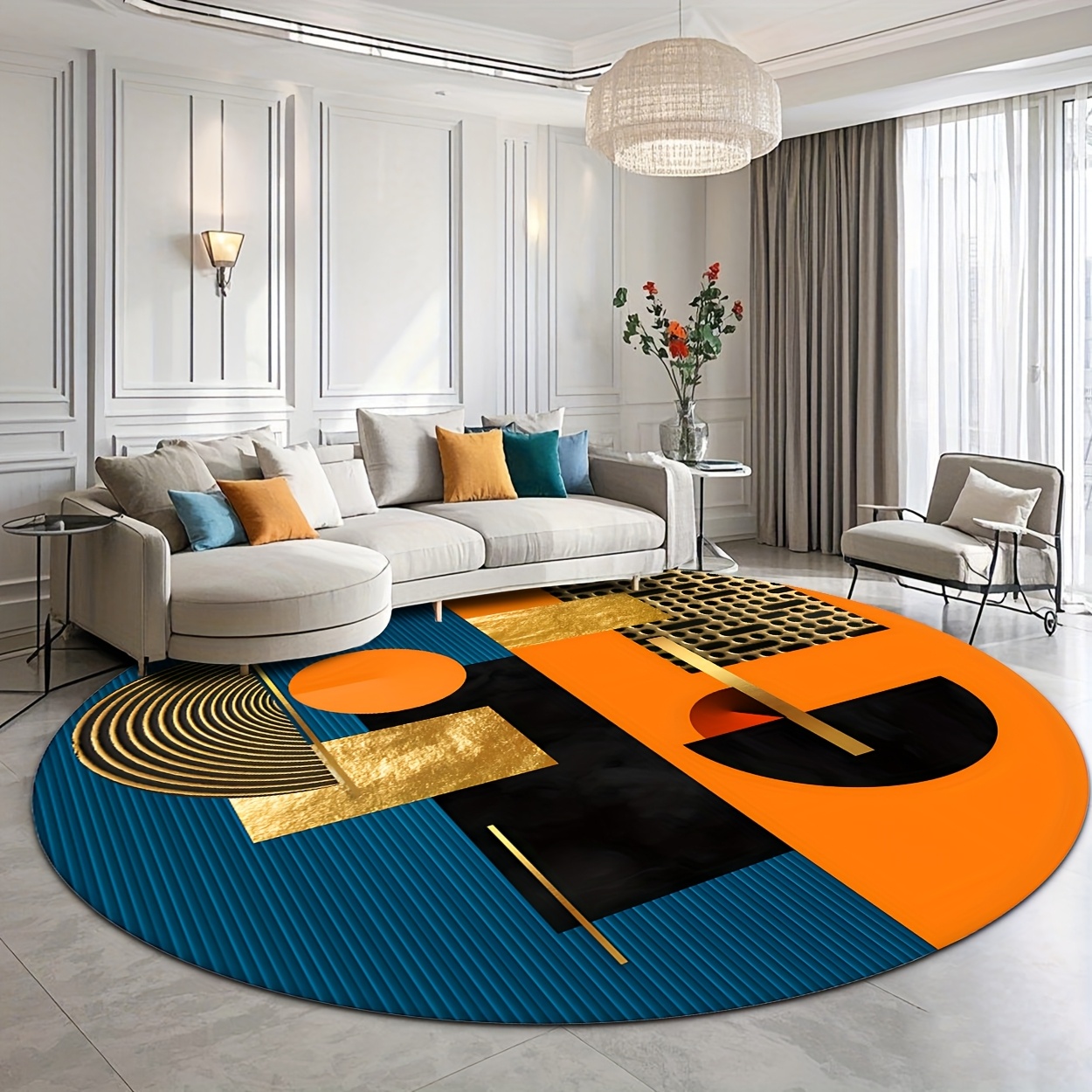 Orange Blue Gold Abstract Geom - đánh giá và giá Printed Rug Abstract