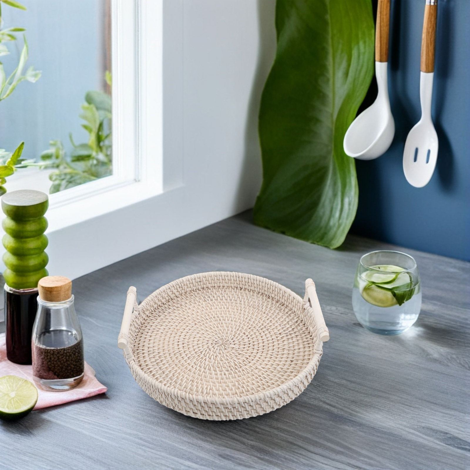 Woven Round Rattan Serving Tra - đánh giá và giá Rattan Tray Handle