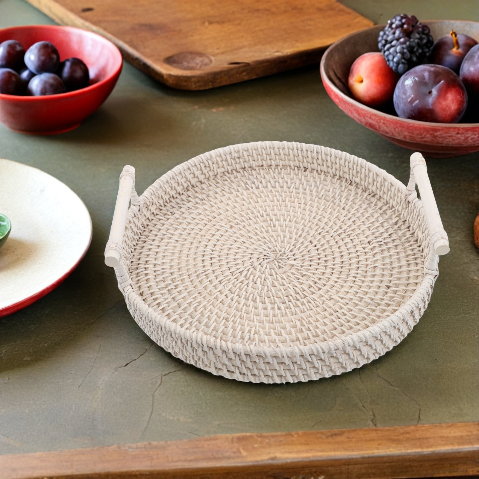Woven Round Rattan Serving Tra - đánh giá và giá Rattan Tray Handle