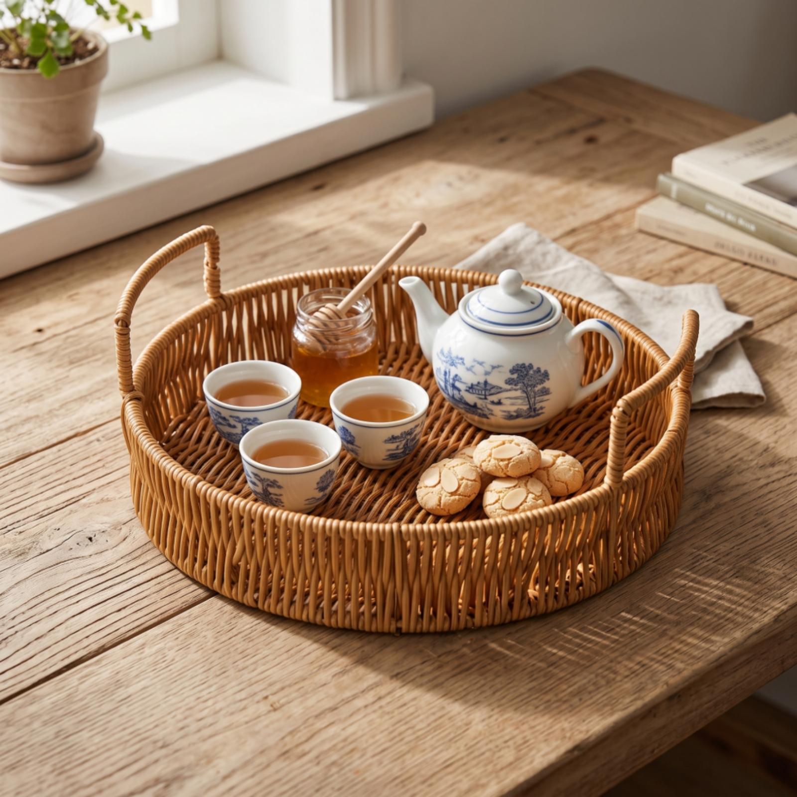 Woven Storage Basket Round PP  - đánh giá và giá Rattan Tray Handle