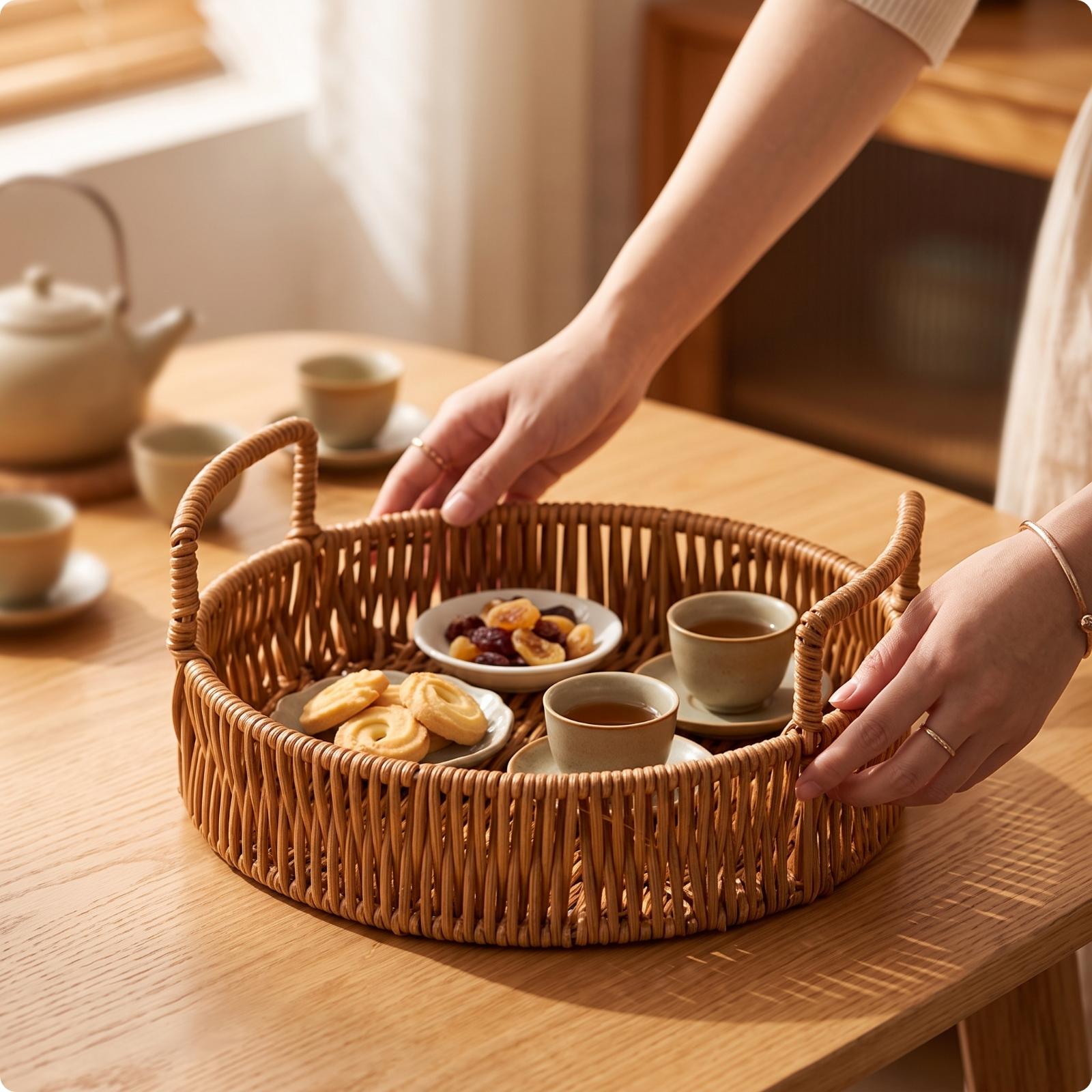 Woven Storage Basket Round PP  - đánh giá và giá Rattan Tray Handle